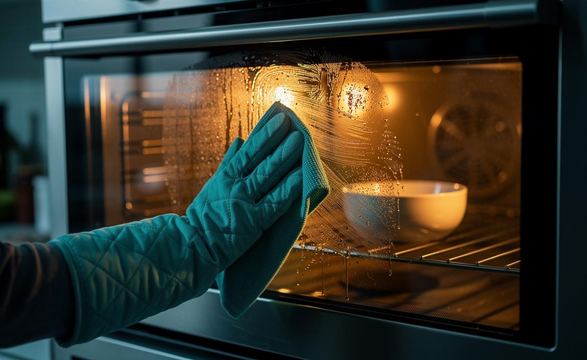 Oven-door technique that cleans itself: how trapped heat softens grime for easy wiping